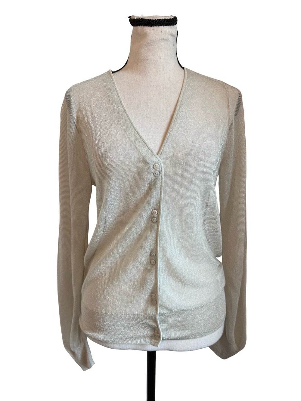 SNIDEL Ivory Silver Metallic Sheer Knit Cardigan One Size Shimmer Coquette